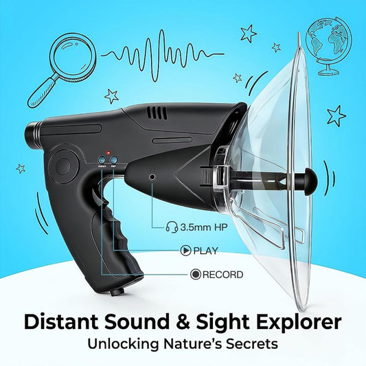 Parabolic listening device with bionic ear, 8X monocular, recording controls and headphone connection for distant sound detection