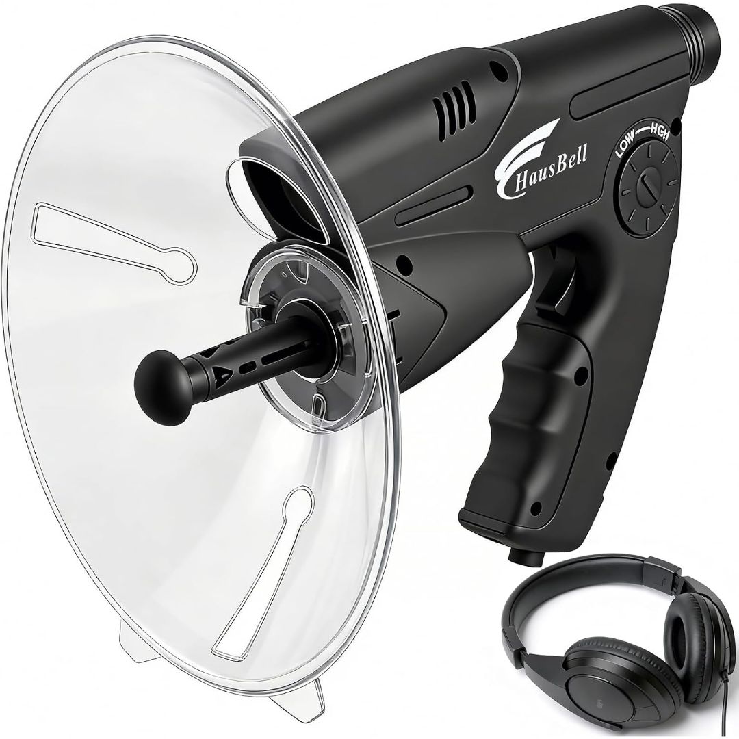 Black parabolic listening kit with clear sound dish, directional microphone, adjustable sensitivity and headphones