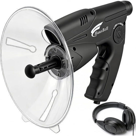 Black parabolic listening kit with clear sound dish, directional microphone, adjustable sensitivity and headphones