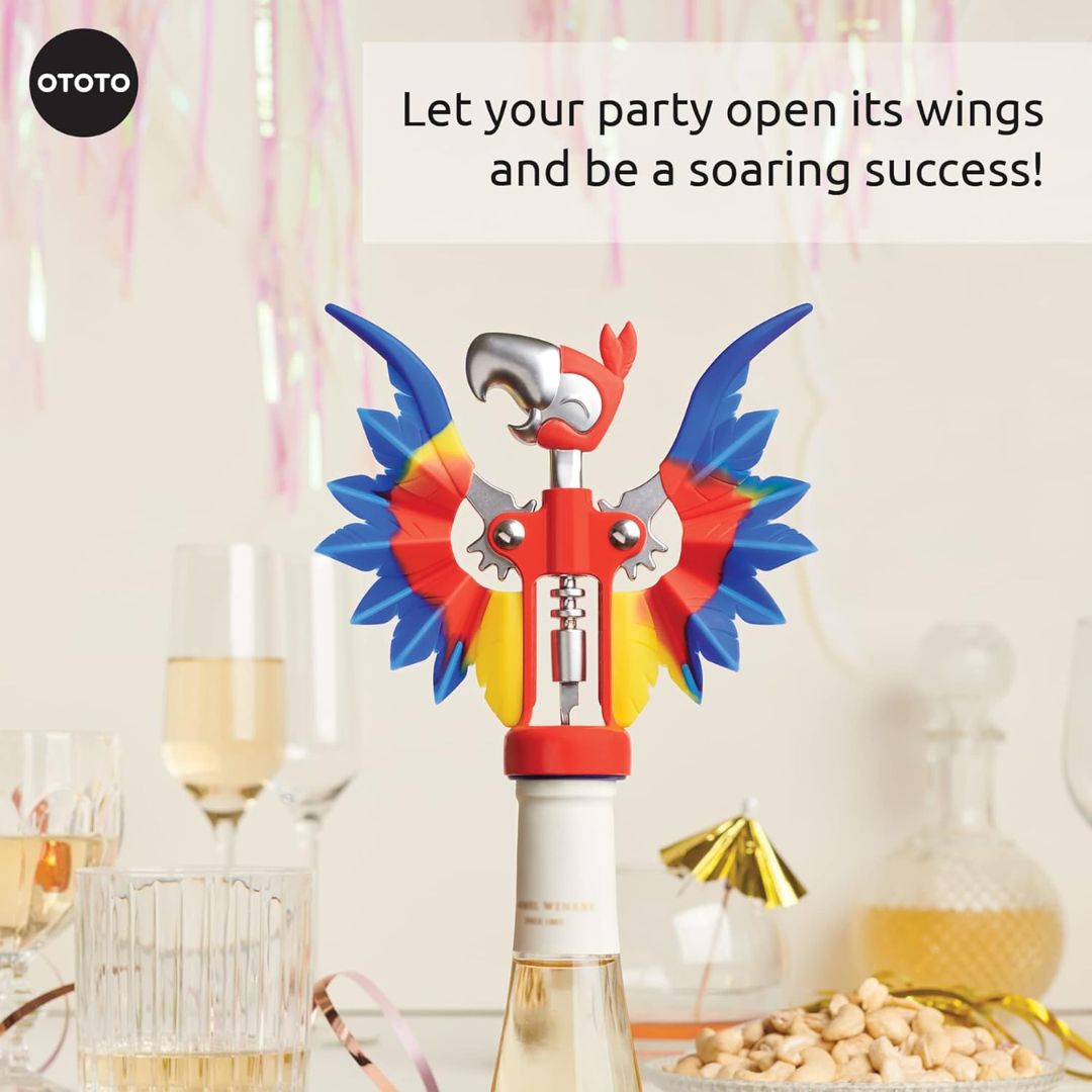 Colorful bottle opener shaped like a parrot with a party theme and 'OTOTO' branding.