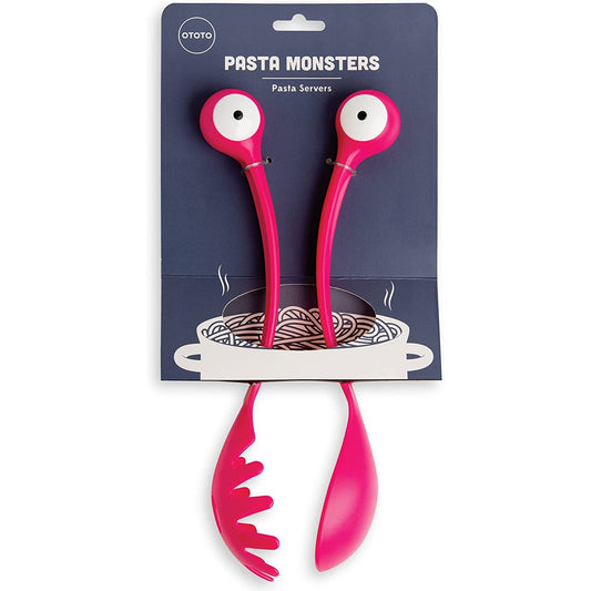 A fun pair of pasta and salad servers with eyeballs that resemble a monster.
