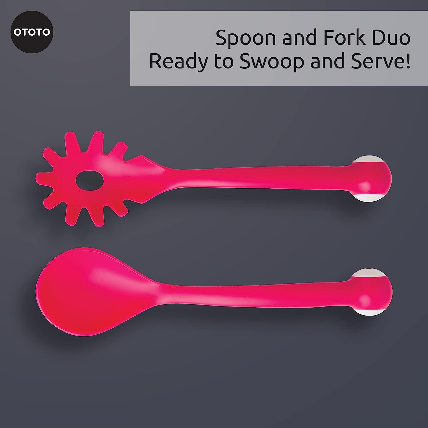A fun pair of pasta and salad servers with eyeballs that resemble a monster. The text says, 'Spoon and fork duo. Ready to swoop and serve.'