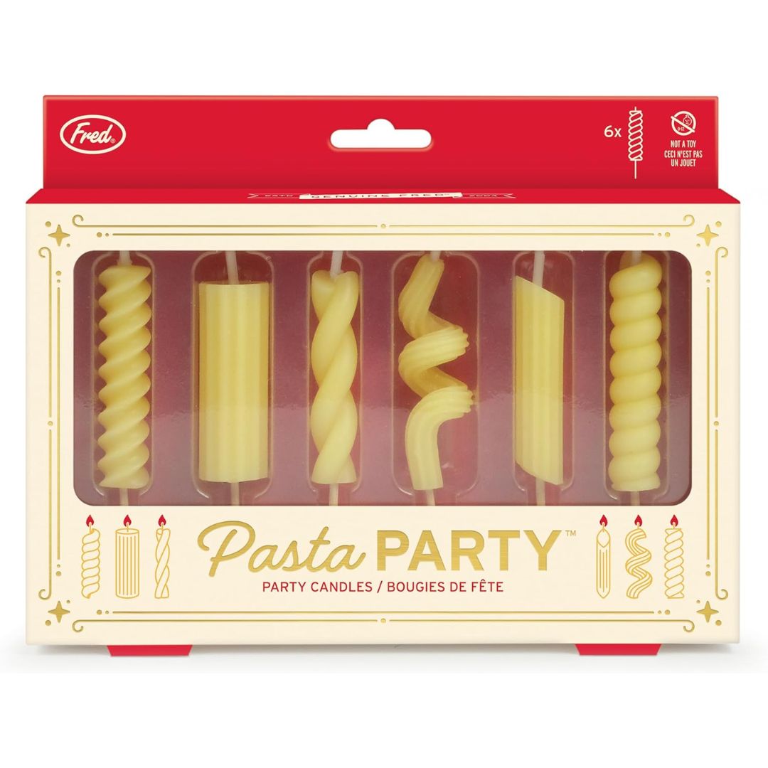 Packaging of 'Pasta Party' candles with red and yellow design