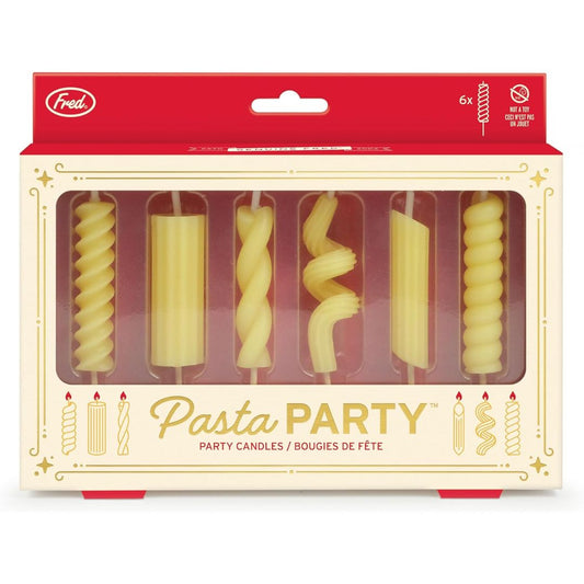 Packaging of 'Pasta Party' candles with red and yellow design