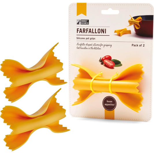 Set of two yellow farfalle pasta-shaped silicone pot grips with retail packaging