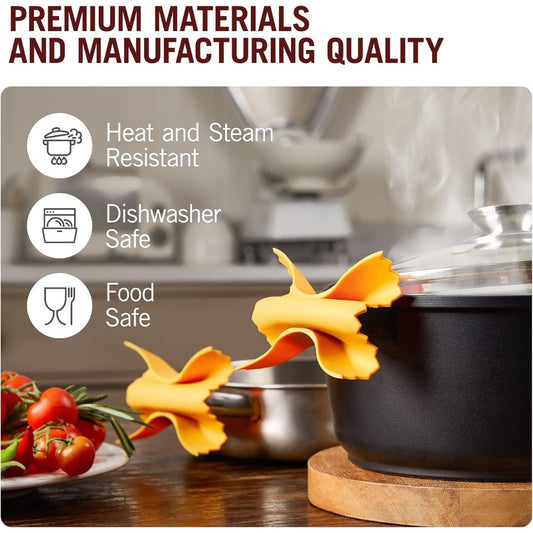 Farfalle-shaped silicone pot grips holding hot pot handles, shown as heat-resistant, dishwasher-safe and food-safe