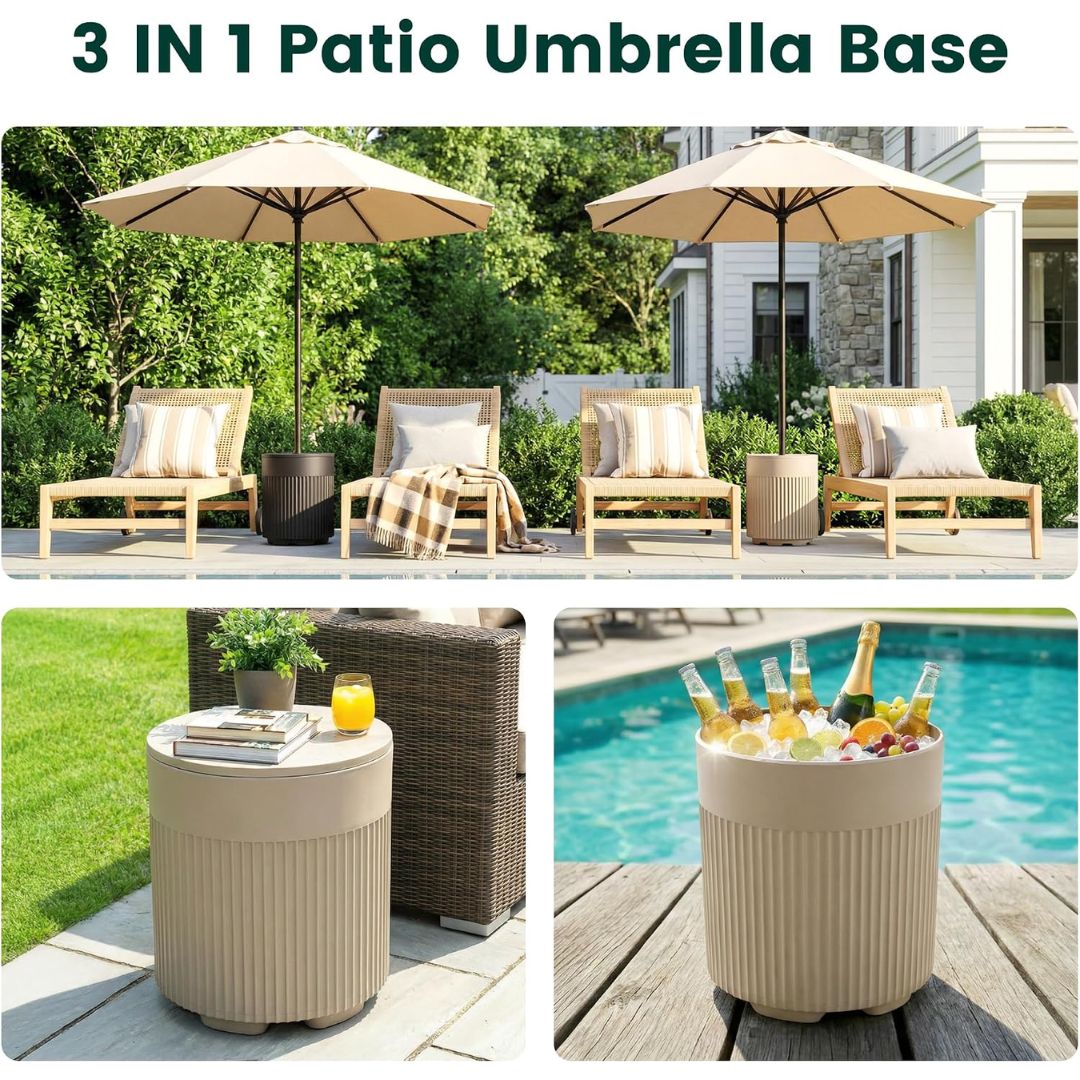 A 3-in-1 patio umbrella base shown in three outdoor lifestyle scenes: with two patio umbrellas and lounge chairs beside a house, next to a pool, and as a small side table holding drinks and plants. Large text at the top reads '3 IN 1 PATIO UMBRELLA BASE'.