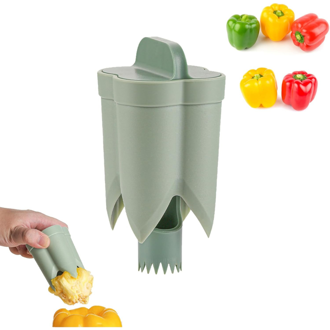 A green kitchen pepper corer as it cores a yellow bell pepper, with red, yellow, and green bell peppers shown in the background. A hand demonstrates the coring process.