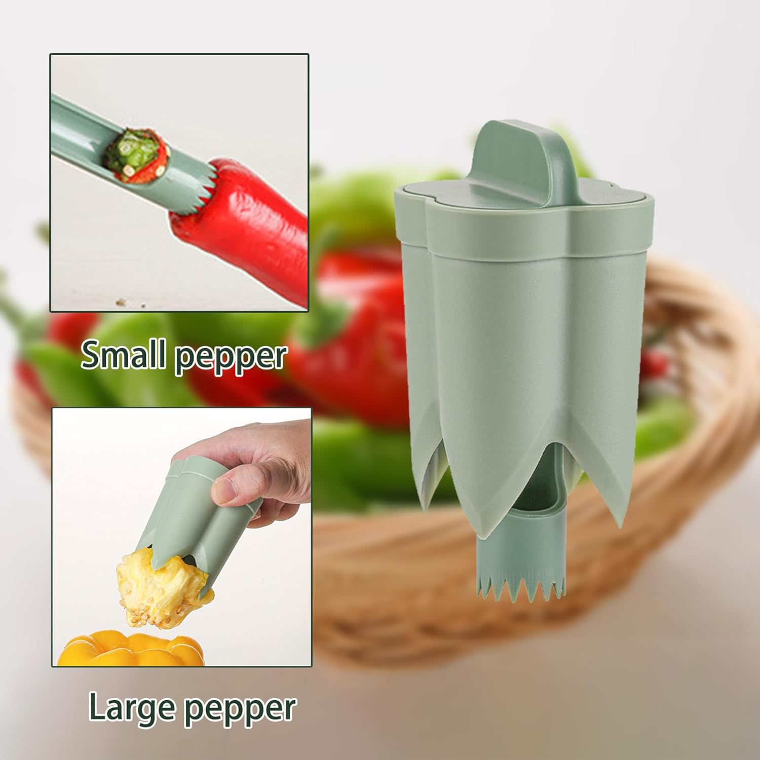A green pepper seeder and corer with two sizes cores a small red pepper and a large yellow pepper, shown in use with a basket of mixed peppers in the background.