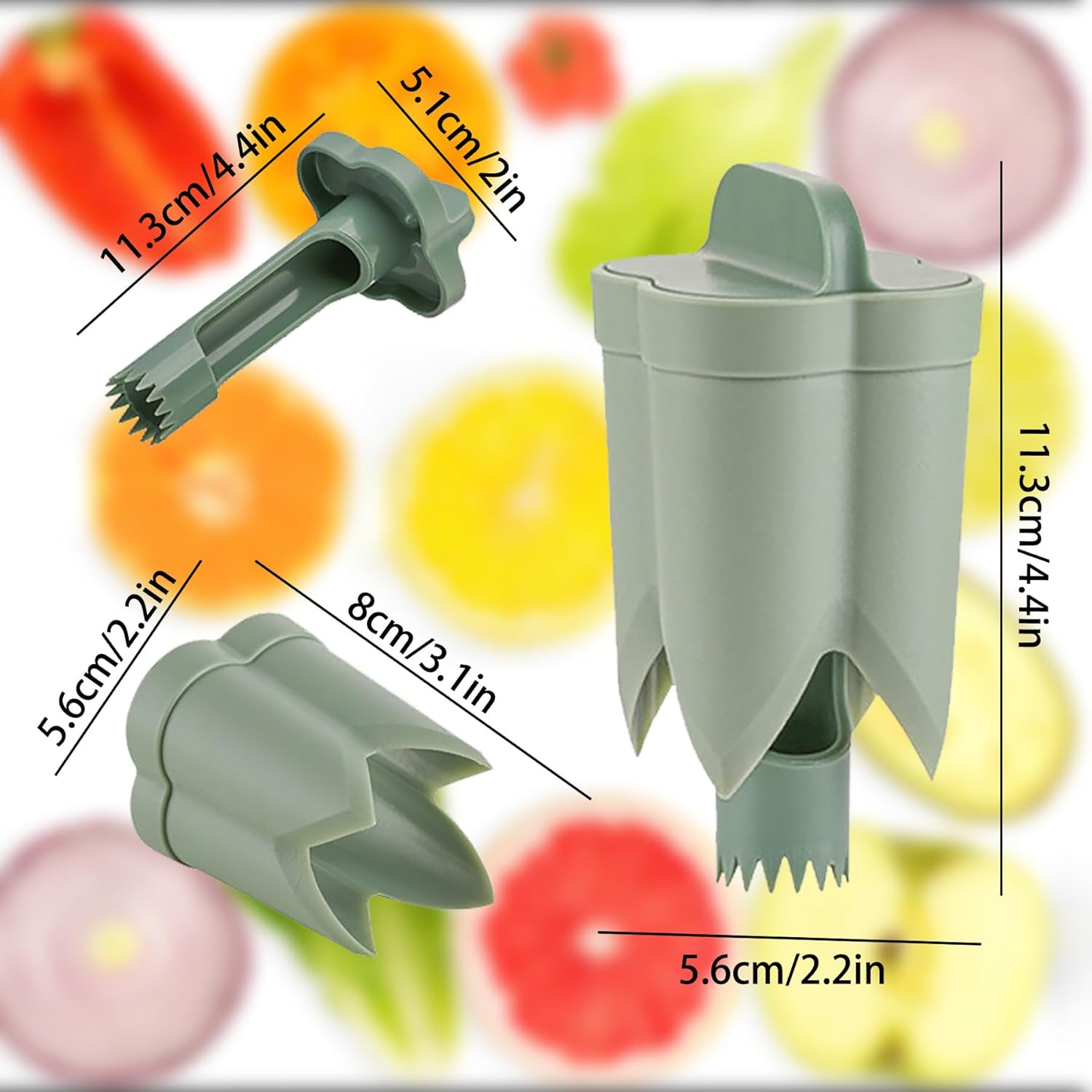A green kitchen pepper coring tool with dimensions (11.3cm/4.4in tall, 5.6cm/2.2in wide) shown in two sizes, with a blurred background of colorful vegetables.