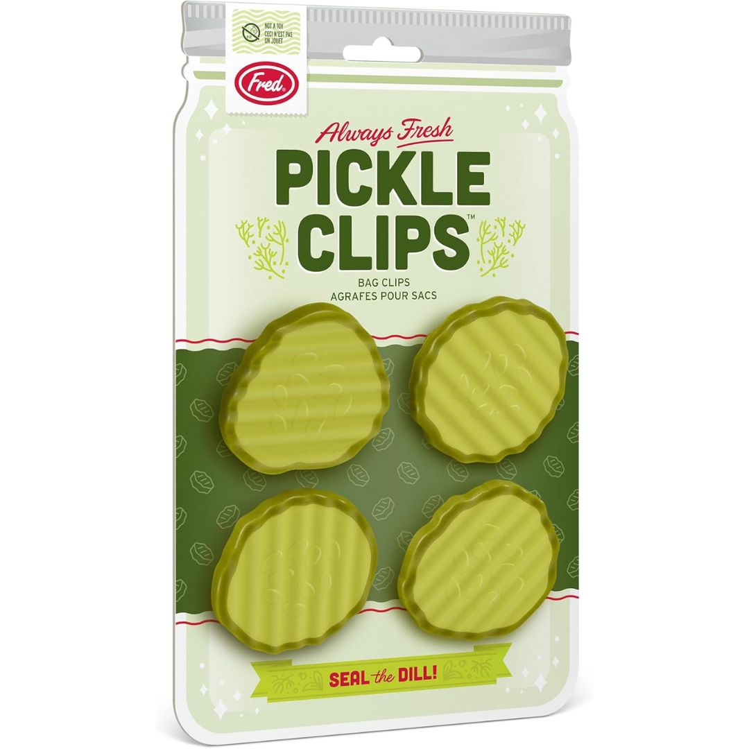 Pack of pickle-shaped bag clips with a green and white design on a white background.