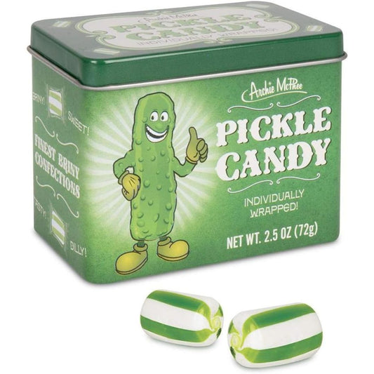 Archie McPhee's pickle flavored candy in a tin