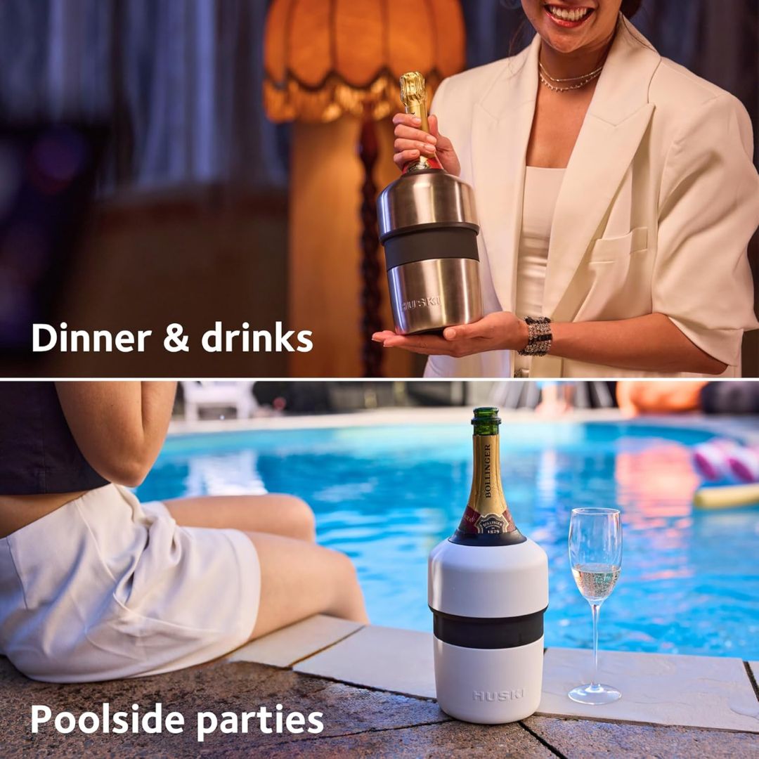 Huski champagne cooler keeping a bottle chilled for dinner drinks and poolside parties