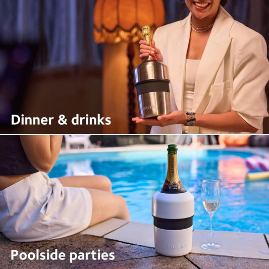 Huski champagne cooler keeping a bottle chilled for dinner drinks and poolside parties
