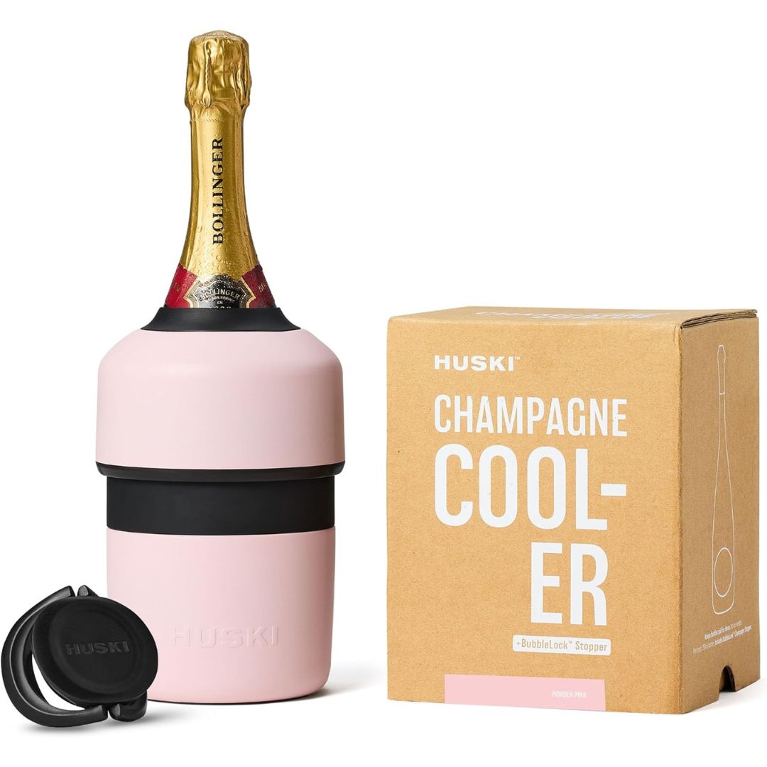 Powder pink Huski champagne cooler with bottle, gift box and removable black lid