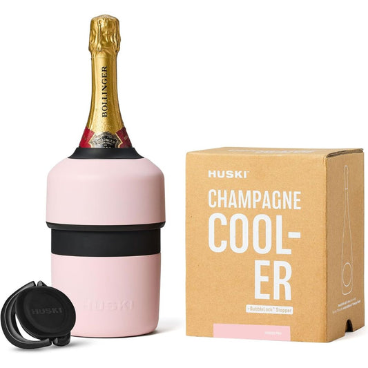 Powder pink Huski champagne cooler with bottle, gift box and removable black lid
