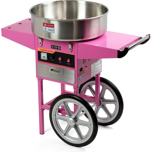 A pink cotton candy machine with cart.