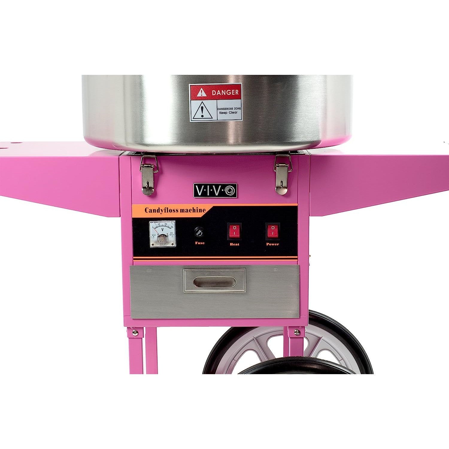 A pink cotton candy machine with cart.