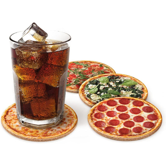 Set of pizza-shaped coasters with a glass of soda on a white background