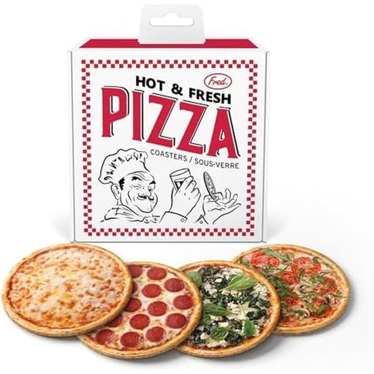 Set of pizza-shaped coasters with a branded box on a white background