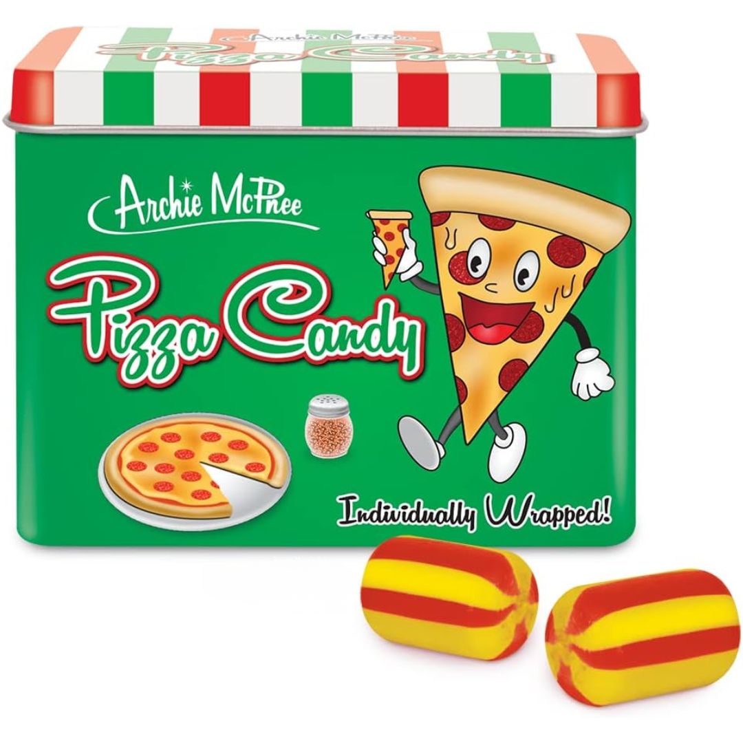 Green collectible tin of pizza flavored candy