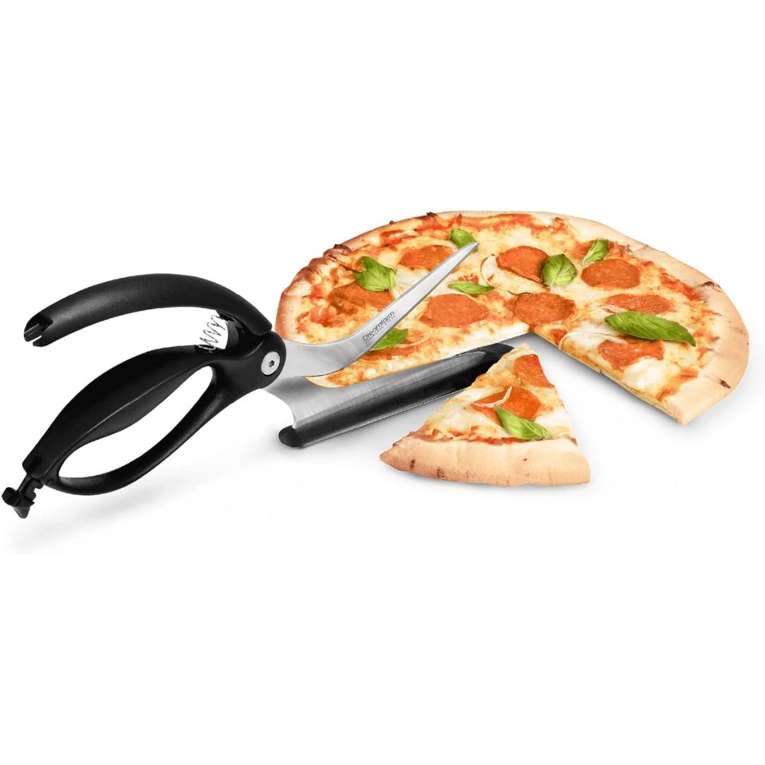 A pair of pizza cutting scissors cutting a pizza