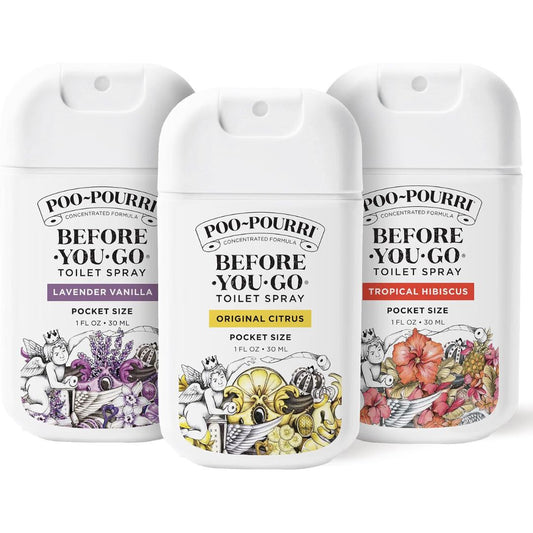Three white Poo-Pourri Before You Go toilet spray pocket-size bottles arranged together on a white background, with lavender vanilla, original citrus, and tropical hibiscus labels visible.