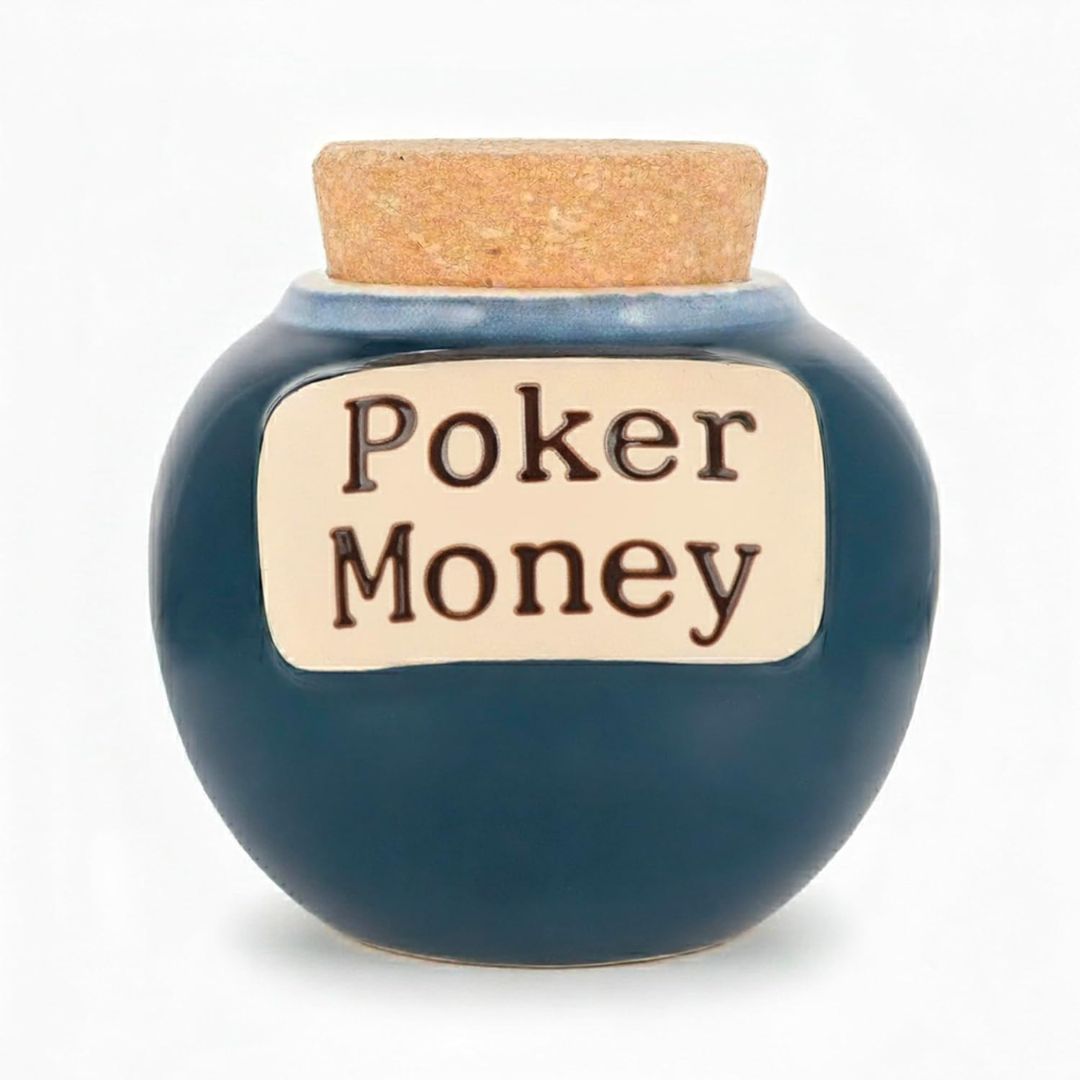 Blue jar with cork lid labeled 'Poker Money' on a white background
