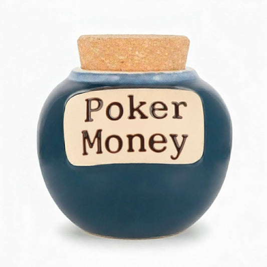 Blue jar with cork lid labeled 'Poker Money' on a white background