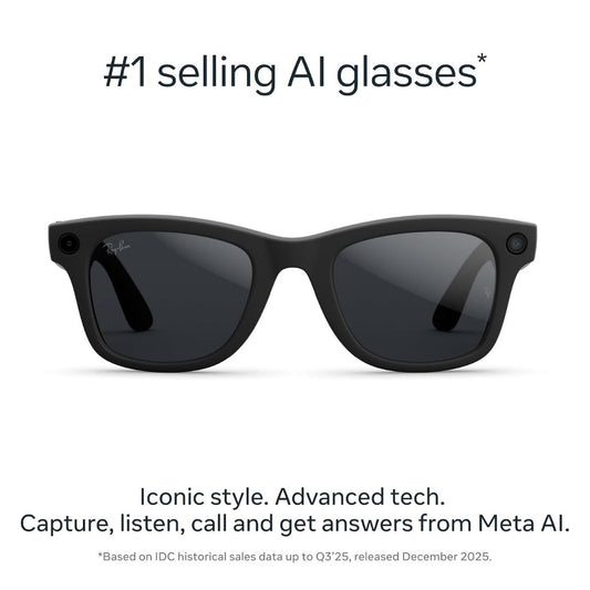Black AI glasses with text highlighting their popularity and features on a white background