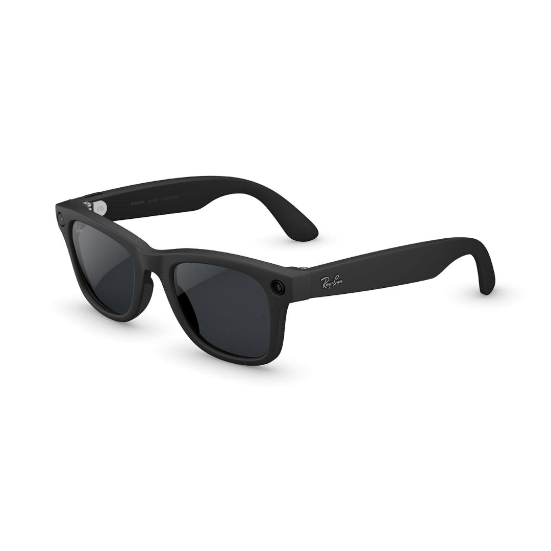 Black Meta AI smart sunglasses with black lenses on a white background