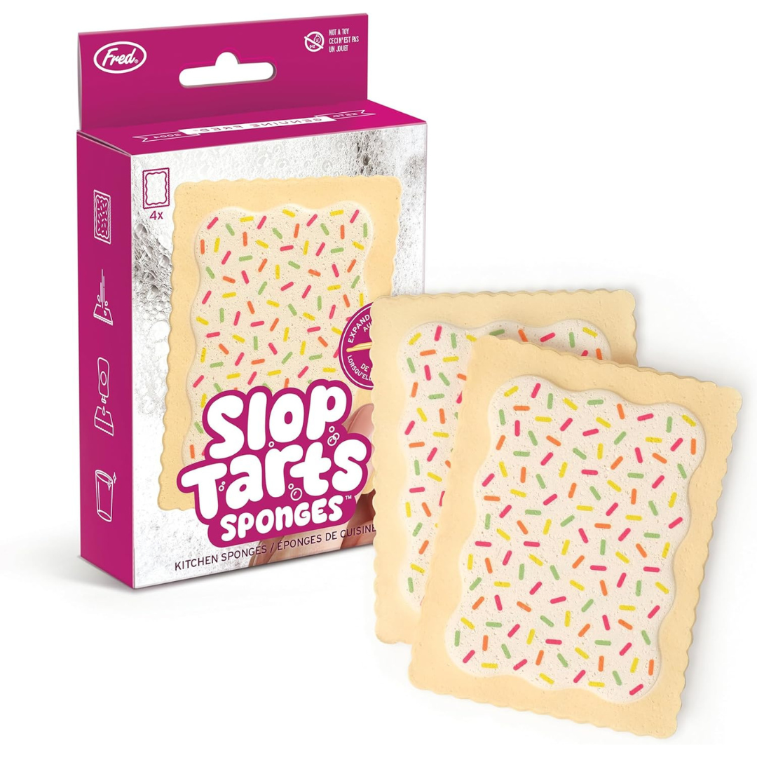 A pink box labeled "Slop Tarts Sponges" with two beige kitchen sponges shaped like Pop-Tarts, topped with white icing and colorful sprinkles, on a white background.