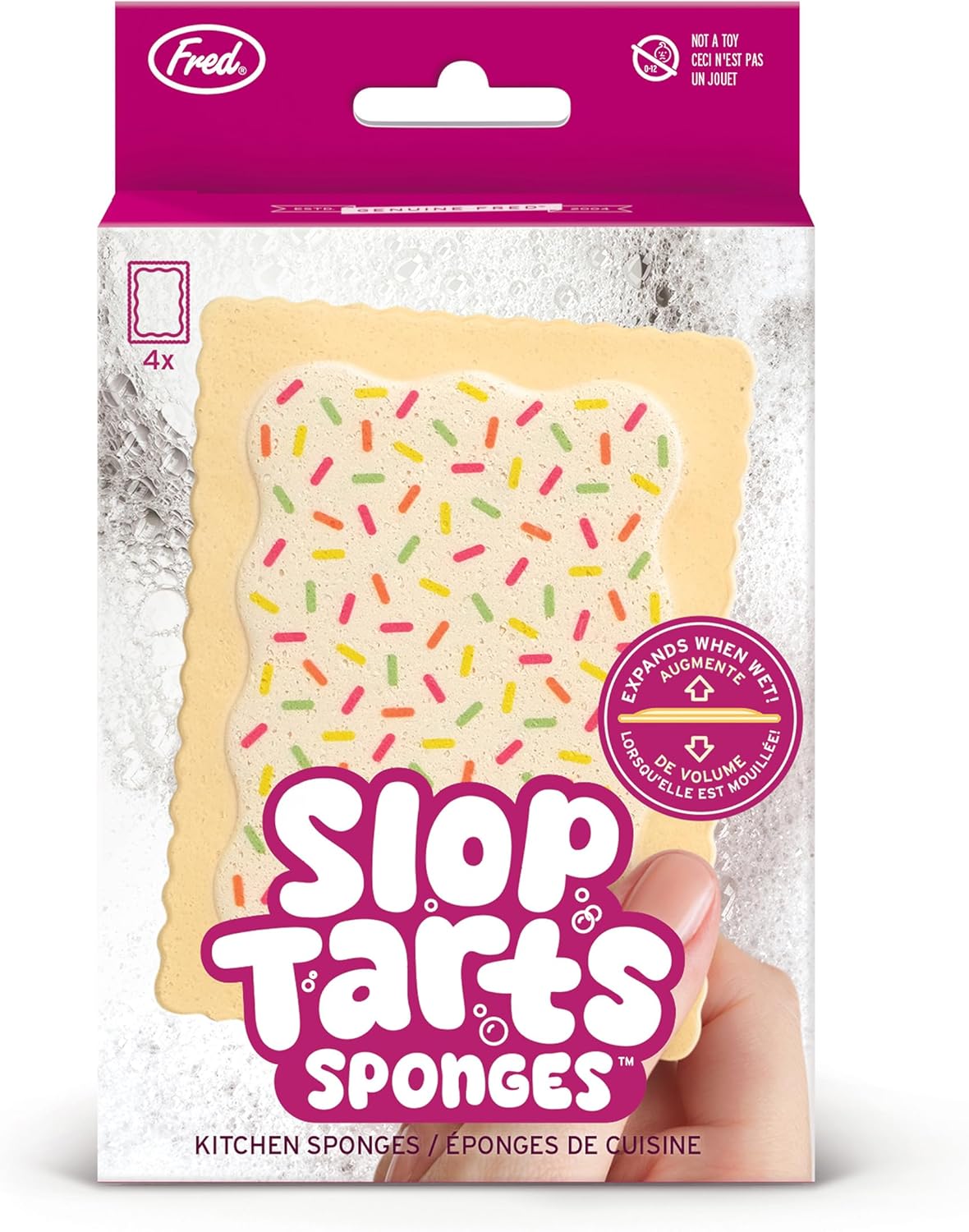 A pink box labeled "Slop Tarts Sponges" with a Pop-Tart-shaped sponge image, featuring white icing and colorful sprinkles, and text "Expands When Wet!" on a white background.