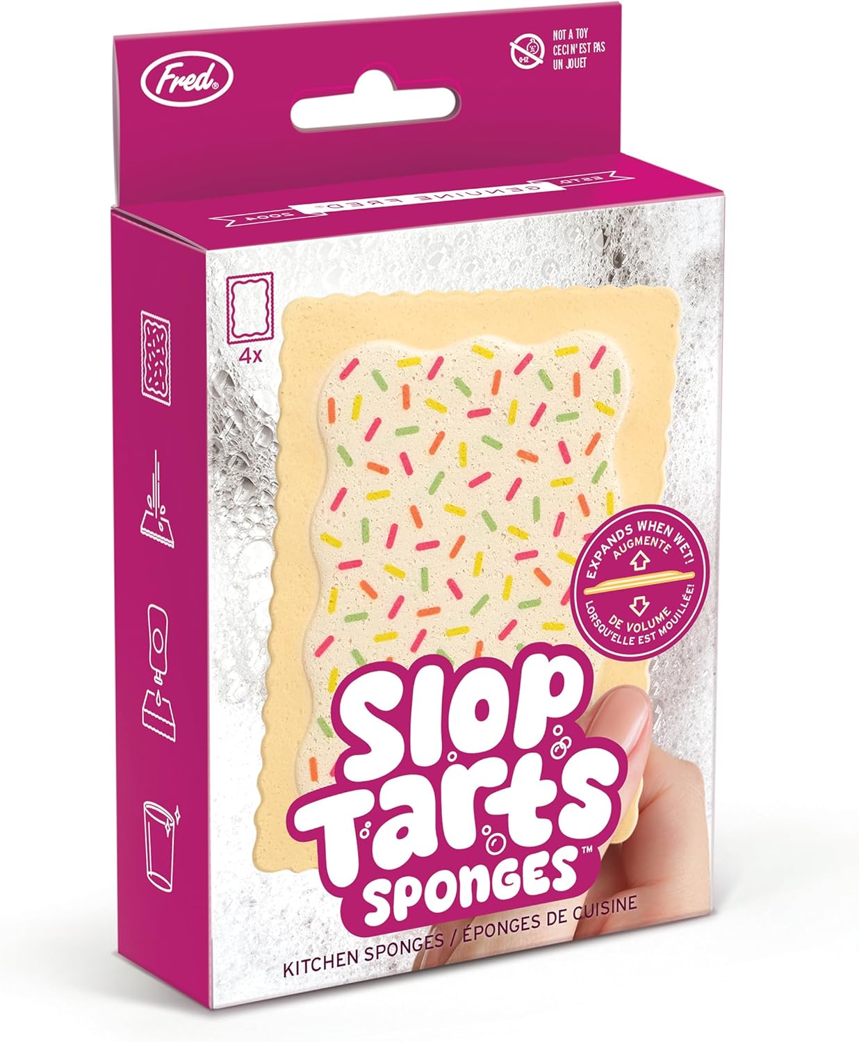 A pink box labeled "Slop Tarts Sponges" with a Pop-Tart-shaped sponge image, featuring white icing and colorful sprinkles, and text "Expands When Wet!" on a white background.