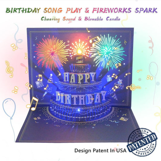 Pop-up birthday card with cake and fireworks design, featuring a patented label.