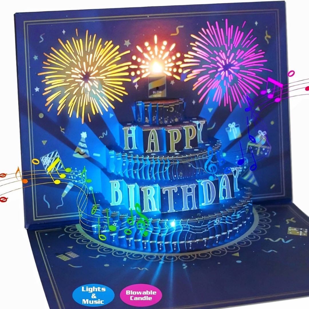 3D birthday card with cake, fireworks, and music notes on a blue background