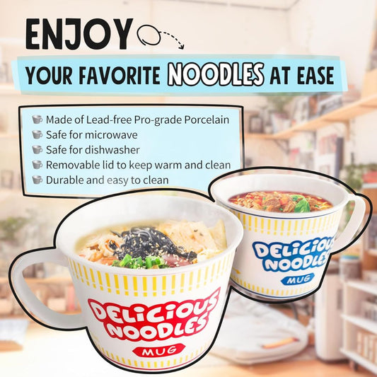 Two 'Delicious Noodles' mugs with noodles inside, set against a blurred home background.
