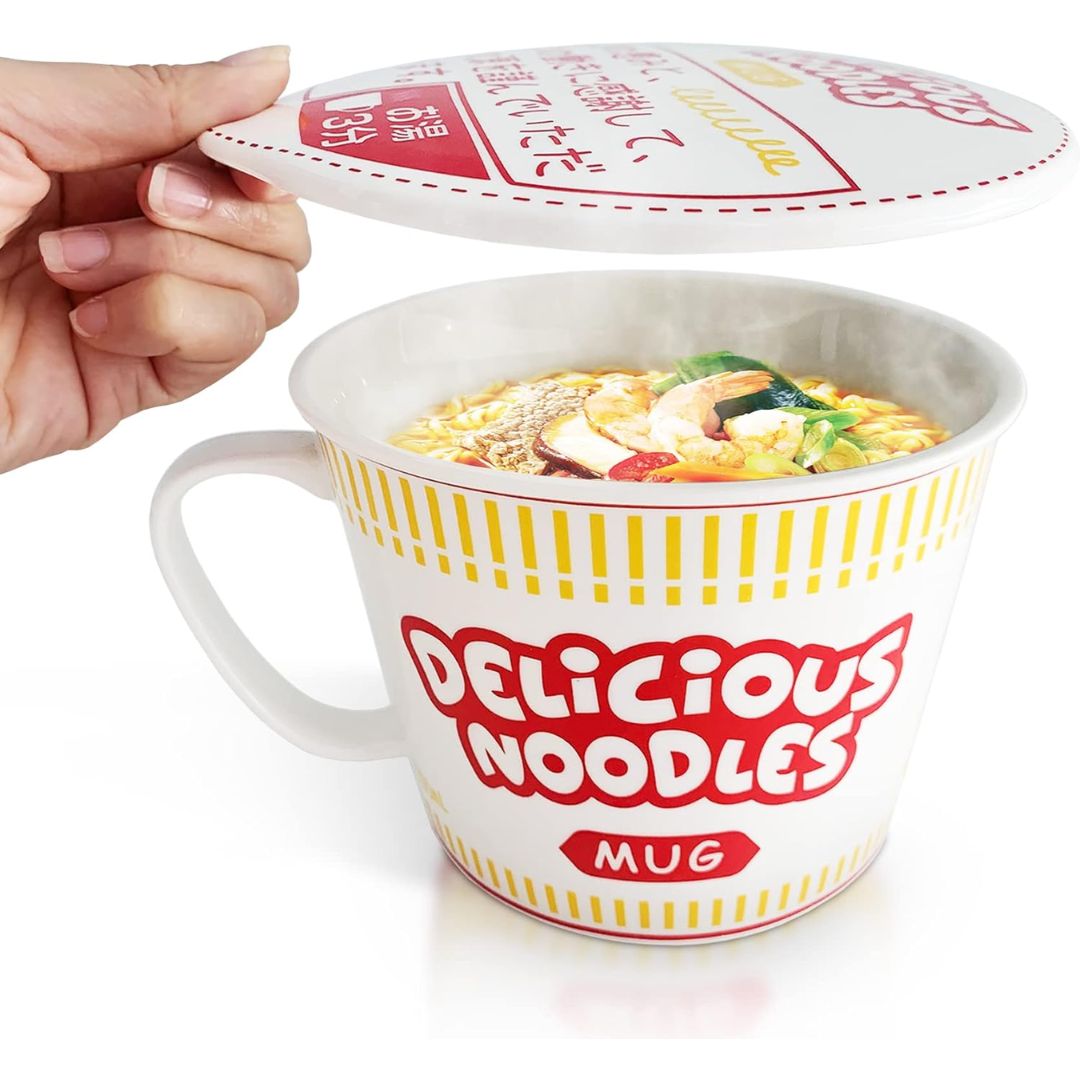 Porcelain instant noodle bowl with handle and lid filled with ramen