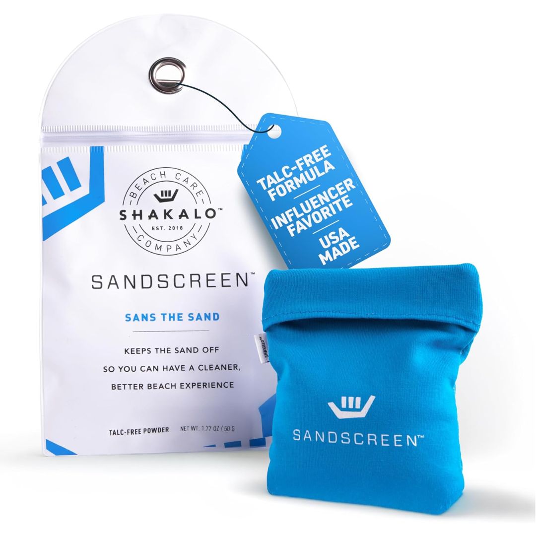 A portable beach sand removal bag with packaging and text information on a white background
