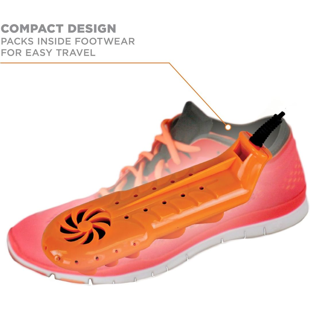 An orange shoe with a portable shoe dryer inserted on a white background, with text reading 'COMPACT DESIGN PACKS INSIDE FOOTWEAR FOR EASY TRAVEL'.