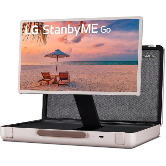 LG StanbyME Go portable touchscreen smart TV raised on its built-in stand inside the open travel case