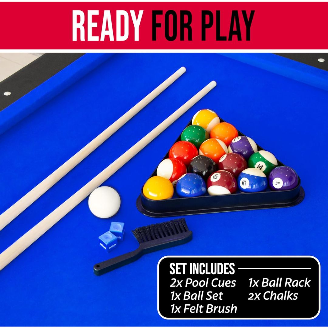 A pool ball set arranged on a bright blue felt table surface, with two wooden pool cues, a rack of colorful billiard balls, a white cue ball, two blue chalk pieces, and a black felt brush. A red banner at the top reads 'READY FOR PLAY' and a black box at the bottom lists included items.