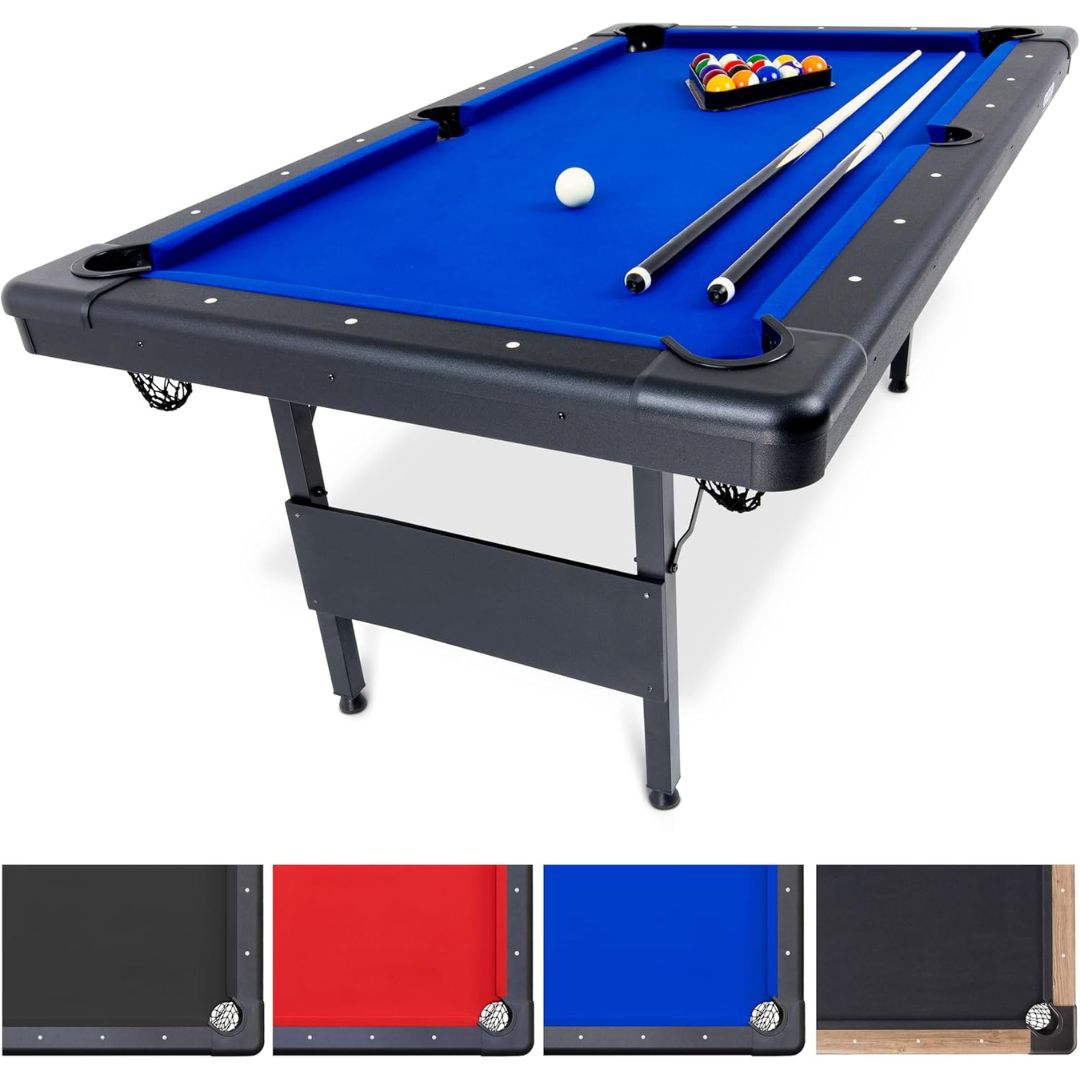 A folding pool table shown on a white background, with a blue felt playing surface, black frame, cue sticks, a ball rack, and a white ball. Four color-option thumbnails appear along the bottom edge.