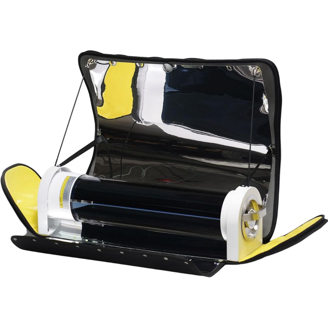 A portable solar oven outdoor cooking device on a white background