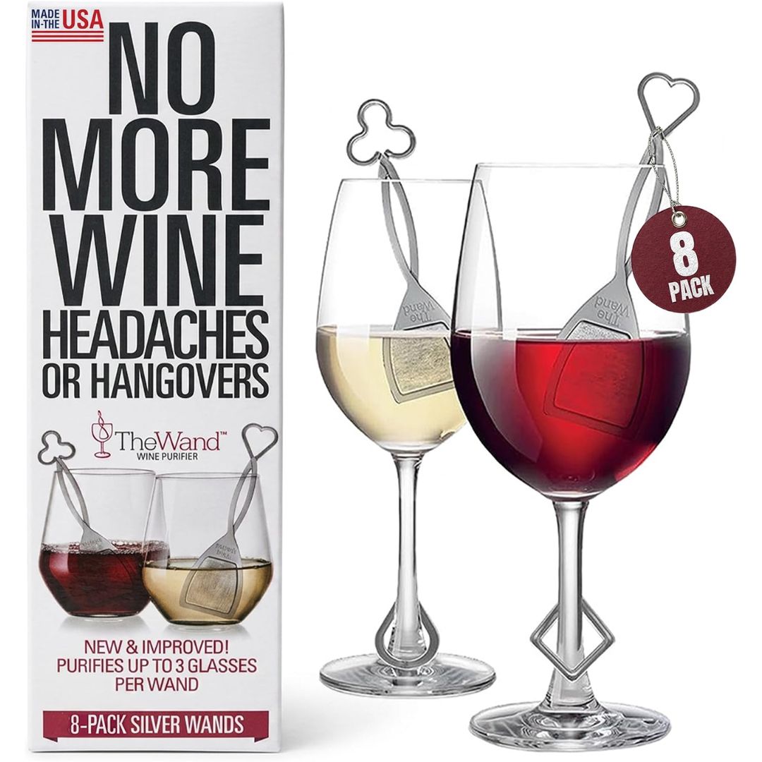 Portable wine purifier wands in glasses of white and red wine with packaging on a white background