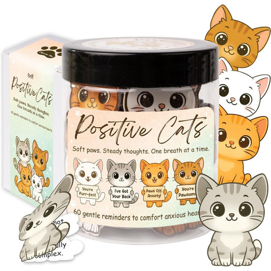 Jar of 'Positive Cats' with cartoon cat illustrations on a white background