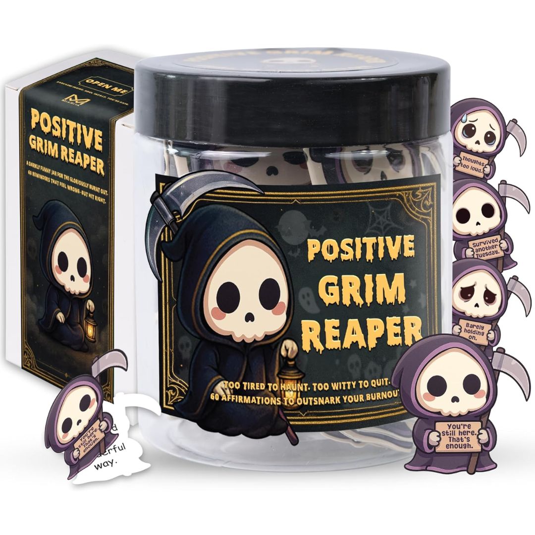 A clear plastic jar with a black lid and a black-and-gold grim reaper label reading 'POSITIVE GRIM REAPER,' shown with its matching product box and several small character cutouts on a white background.