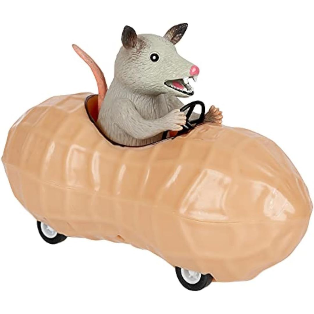 Archie McPhee Possum in a Peanut pull back toy car with gray possum figure, steering wheel and small wheels