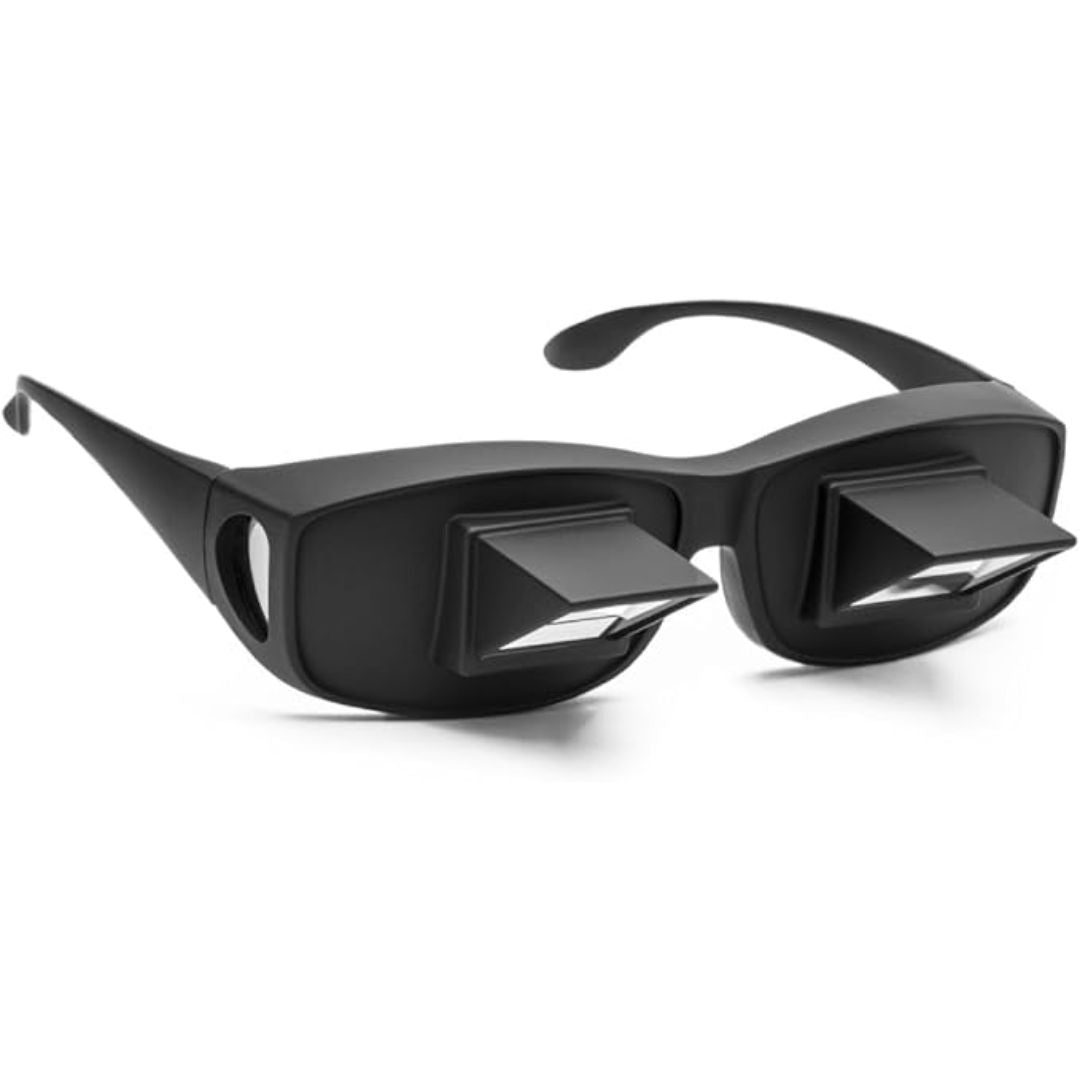 A palm of black prism lie-down glasses on a white background