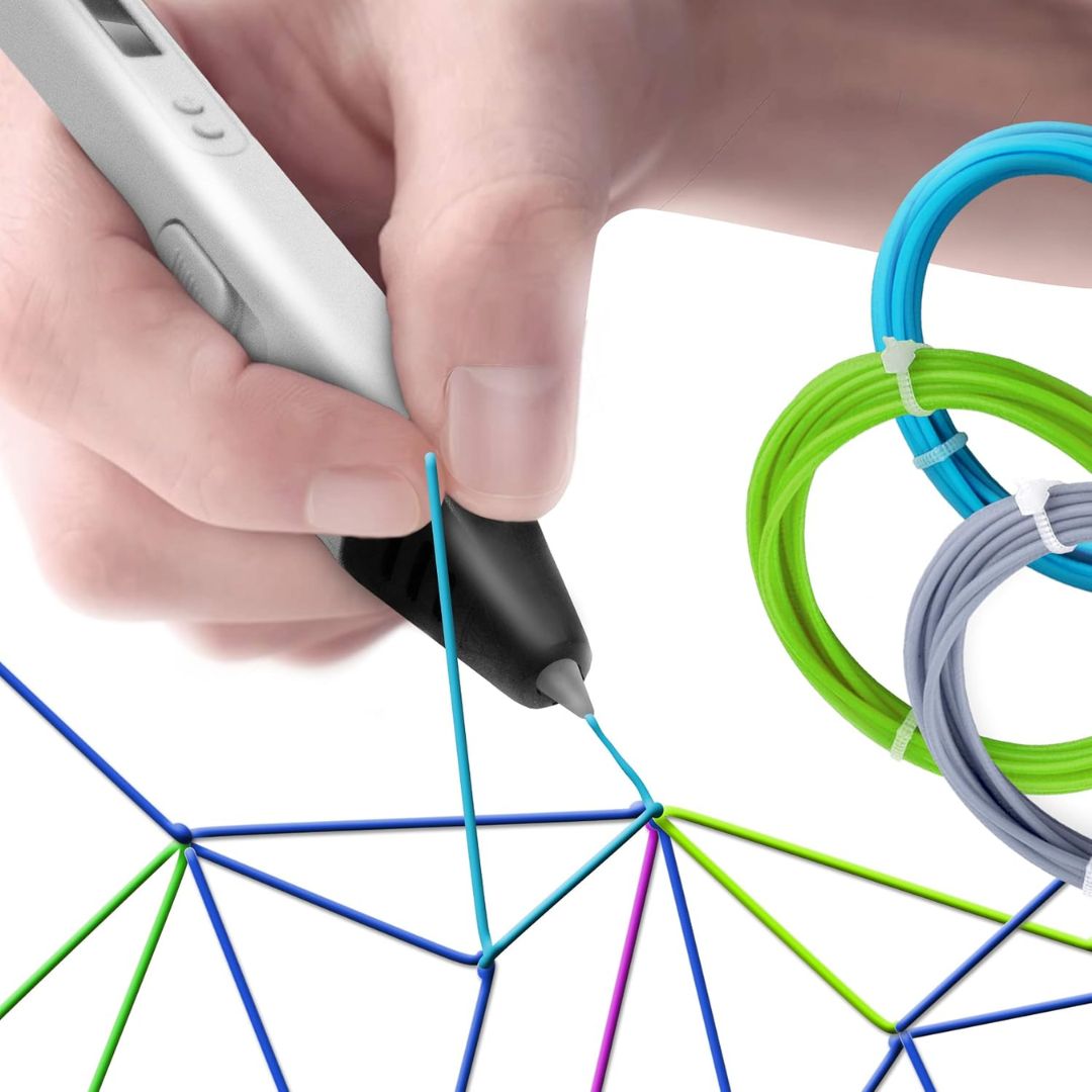 Hand holding a 3D printing pen with colorful filament on a white background
